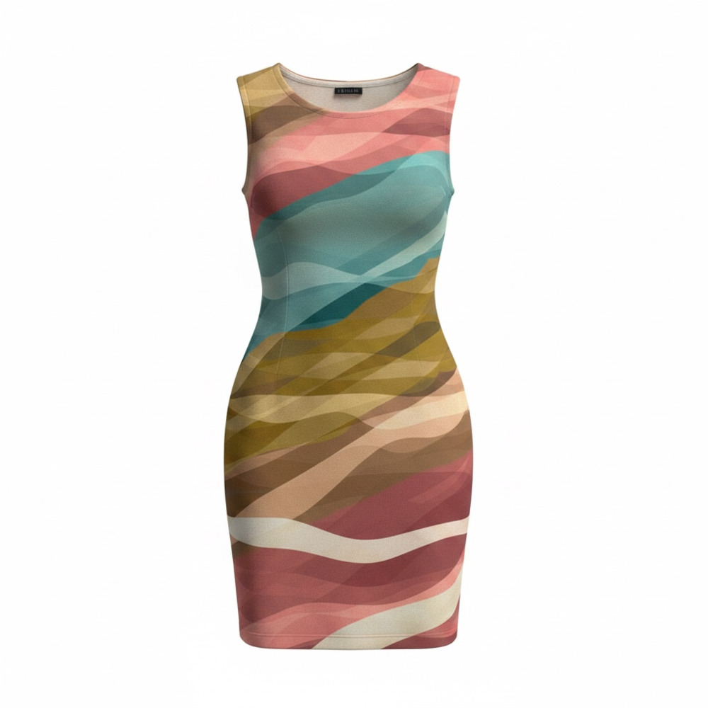 VENUS Women's Sleeveless Sheath Dress in Multi-Color Wave Abstract Print